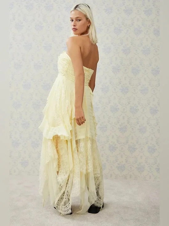 Free People Sheer Bliss Strapless Butter Yellow Lace Ruffle Maxi Dress - Picture 2 of 12